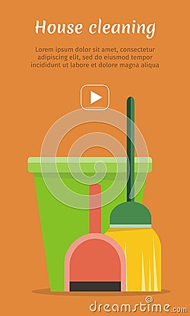 Web Banner Bucket, Duster, Broom and Dustpan Icon. Vector Illustration