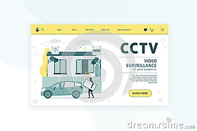 Web banner. CCTV. Remote access. CCTV cameras are filming a house robbery. The camera does not recognize the faces of Vector Illustration