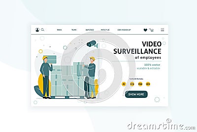 Web banner. CCTV. Video surveillance. Remote access. Two men in helmets with boxes in their hands standing near the Vector Illustration