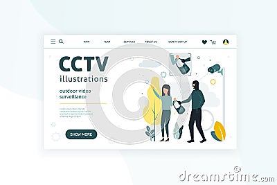 Web banner. CCTV.Video surveillance. Remote control. A street cctv camera captures a man in the mask stealing a woman's Vector Illustration