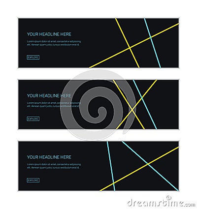 Web banner design template set consisting of abstract backgrounds made with blue and yellow colored strokes Vector Illustration