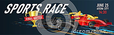 Web banner with illustration of three super cars sport bolide in speed motion for golden cup, championship tournament Vector Illustration