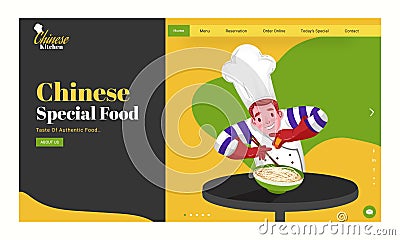 Web banner or landing page design, chef character presenting noodles. Stock Photo