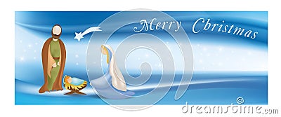 Web banner nativity scene with holy family - Jesus - Mary - Joseph - text merry christmas -on elegant blue background Cartoon Illustration