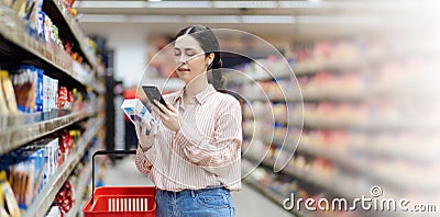 Web banner of online shopping and sales. Smiling caucasian woman scan qr code of product using smartphone. Shelves with Stock Photo