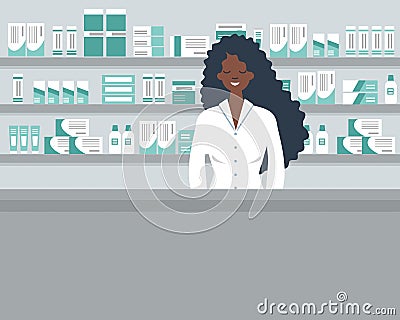 Web banner of a pharmacist. Young black woman in the workplace in a pharmacy Vector Illustration