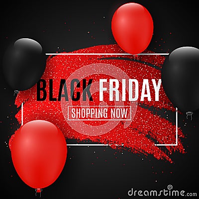 Web banner for sale Black Friday. Grunge line with glitters. Realistic balloons. Dark background. Big discounts. Special offer. Co Vector Illustration