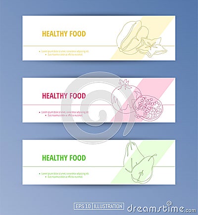 Set of banners. Continuous line drawing of healthy food. Carambola, pomegranate, pear. Editable masks. Vector Illustration