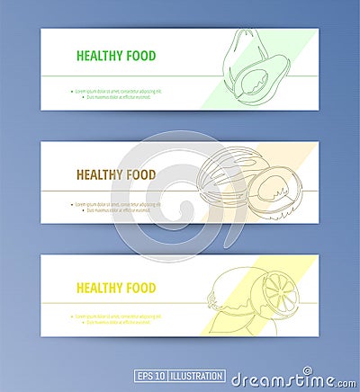 Set of banners. Continuous line drawing of healthy food. Avacado, coconut, lemon. Editable masks. Template for your design works. Vector Illustration