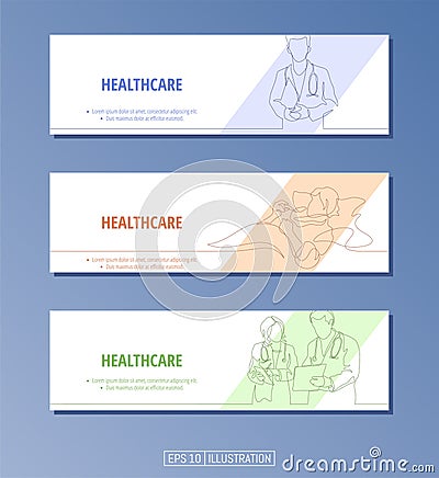 Set of banners. Continuous line drawing of healthcare symbols, doctor, patient, hospital. Editable masks. Vector Illustration
