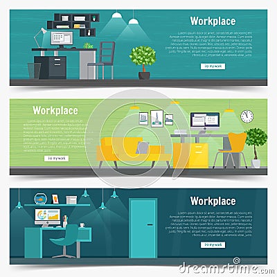 Web Banner set Office workplace interior design Graphic . Business objects, elements and equipment. Flat Illustration Vector Illustration