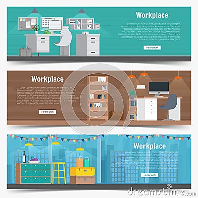 Web Banner set Office workplace interior design Graphic . Business objects, elements and equipment. Flat Illustration Vector Illustration