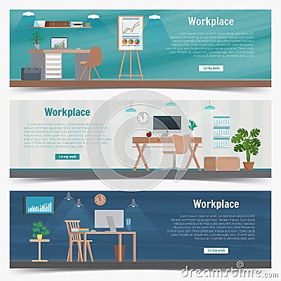 Web Banner set Office workplace interior design Graphic . Business objects, elements and equipment. Flat Illustration Vector Illustration