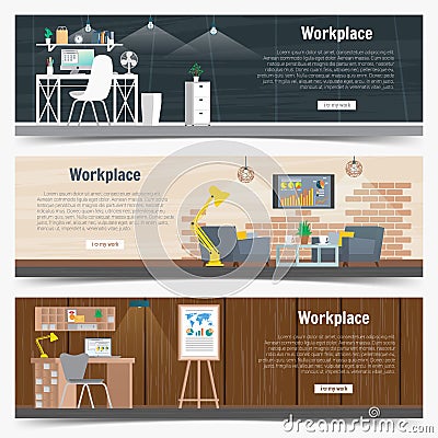 Web Banner set Office workplace interior design Graphic . Business objects, elements and equipment. Flat Illustration Vector Illustration