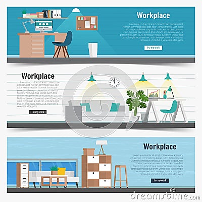 Web Banner set Office workplace interior design Graphic . Business objects, elements and equipment. Flat Illustration Vector Illustration