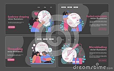 Web banner set showcasing eyebrow shaping, eyelash extensions, threading. Vector Illustration