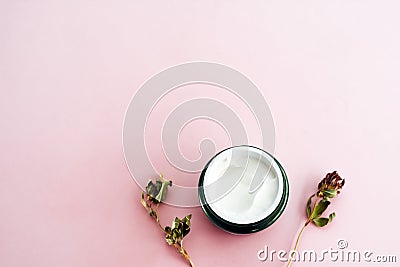 Web banner. Skin cream and dry flowers, leaves. White table background. Organic cosmetics, spa concept. Empty space, flat lay, top Stock Photo