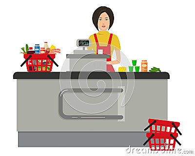 Web banner of a supermarket cashier Vector Illustration