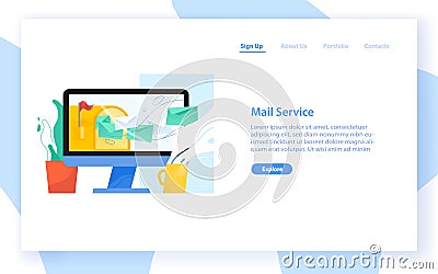 Web banner template with computer display, opened mailbox and letters in envelopes flying out of it. Email, mail or Vector Illustration