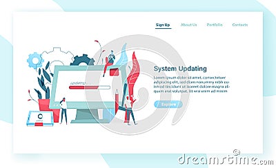 Web banner template with giant computer display and tablet PC with progress bar on screen and tiny people. System update Vector Illustration