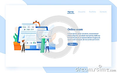 Web banner template with giant computer and tiny students passing internet test. Online exam, distant learning or Vector Illustration