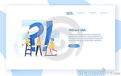 Web banner template with giant question mark and interrogation point and tiny people. FAQ, customer guide, user manual Vector Illustration