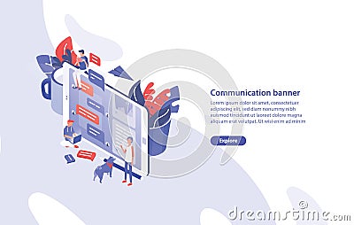 Web banner template with giant smartphone, tiny people around it and place for text. Communication, instant messaging Vector Illustration