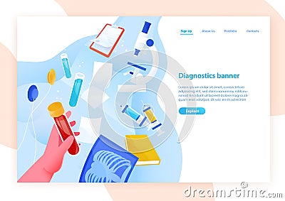 Web banner template with hand holding test tube with blood, medical laboratory tools and place for text. Colored vector Vector Illustration