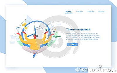 Web banner template with man sitting with crossed legs against clock face on background. Time management, effective Vector Illustration