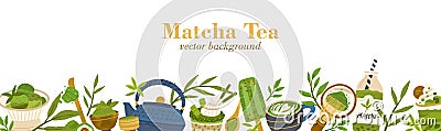 Web banner template with matcha food and drinks border on white background. Backdrop with green organic Japanese powder Cartoon Illustration