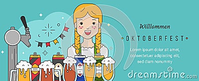 Web banner template for oktoberfest celebration with linear trendy modern flat vector illustrations. Cartoon Illustration