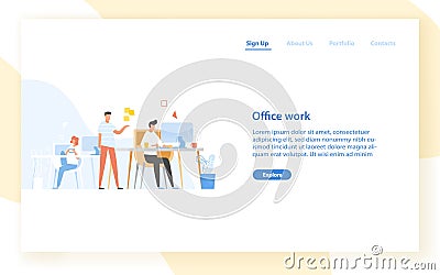 Web banner template with programmers or coders working together at office. Software development, programming or program Vector Illustration