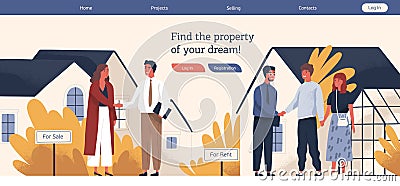 Web banner template with real estate agent or broker shaking hands with people buying or renting house. Colorful vector Vector Illustration