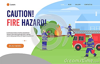 Web banner warning of fire hazard with firefighters flat vector illustration. Vector Illustration