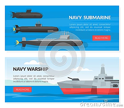Web Banner with Warship or Combatant Submarine Ship as Marine Vessel for Naval Warfare Vector Template Vector Illustration