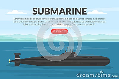 Web Banner with Warship or Combatant Submarine Ship as Marine Vessel for Naval Warfare Vector Template Vector Illustration