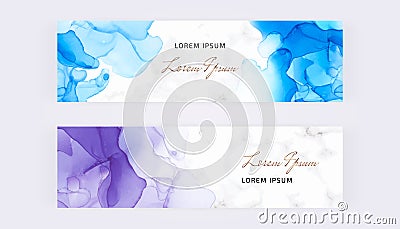 Web banners with blue and purple alcohol ink texture. Modern templates for invitation, logo, card, flyer, poster, save the date Vector Illustration
