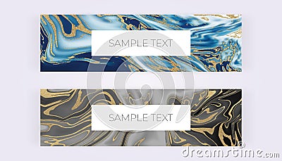 Web banners with liquid marble texture. Grey, blue and golden glitter ink painting abstract pattern. Modern templates for invitati Vector Illustration