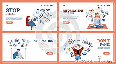 Web banners set on information stress and overload, cartoon vector illustration. Vector Illustration