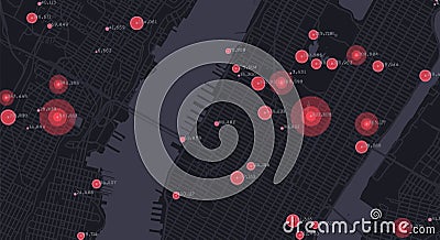 Big data city map. Citizens behaviour analysis. Hotspots of urban activity. Big data in smart city. Urban interaction research. Vector Illustration