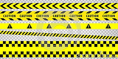 Black and yellow police stripe border, construction, caution, closed caution tapes set. Set of danger caution grunge tapes. Vector Illustration
