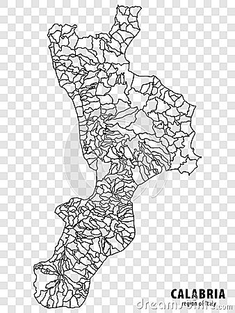 Blank map Calabria of Italy. High quality map Region Calabria with municipalities on transparent background Vector Illustration