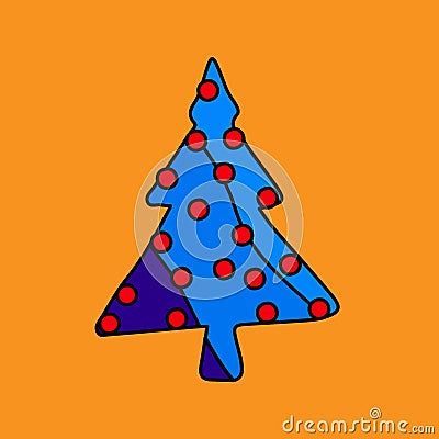 Blue Ñhristmas tree and red Xmas balls. Doodle cartoon fun multicilor element. Vector Illustration