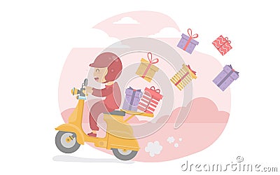 The boy is smiling and driving the scooter with a gift box. Many boxes, many colors Vector Illustration