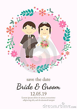 Bride and groom on soft pink background vector illustration.Cute couple married cartoon design for wedding card invitation. Vector Illustration