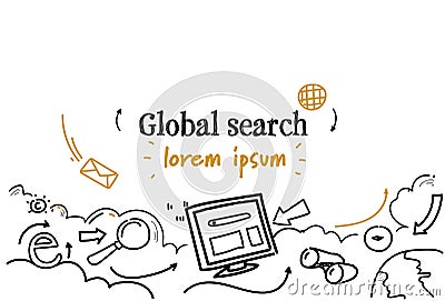 Web browser global search concept sketch doodle horizontal isolated copy space Vector Illustration