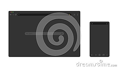 Web browser mockup for computer and smartphone. Dark theme of website mockup. Internet page for laptop and mobile device Vector Illustration