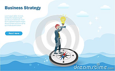 Businessman standing on compass in sea with binocular searching for strategy vision and goal. Vector Illustration