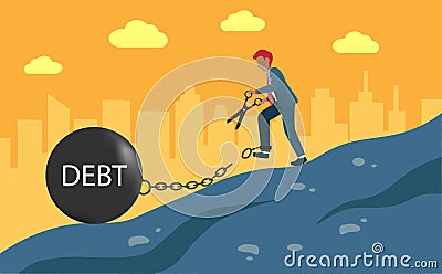 Businessman standing at hill with big scissor cut chains of dept on his leg. Vector Illustration