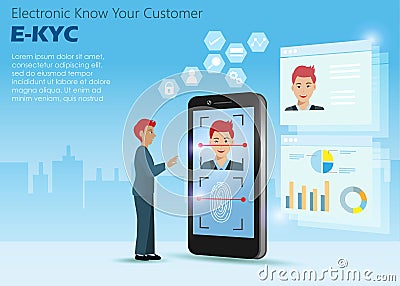 Businessman using e-krc electronic know your customer face and fingerprint recognition.For individual biometric identification a Vector Illustration